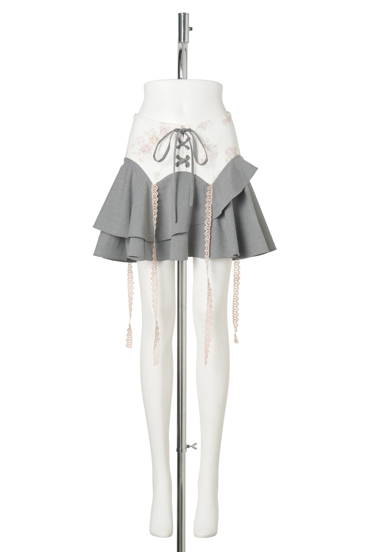FLORAL PANEL DRAPE SKIRT / GREY/IVORY