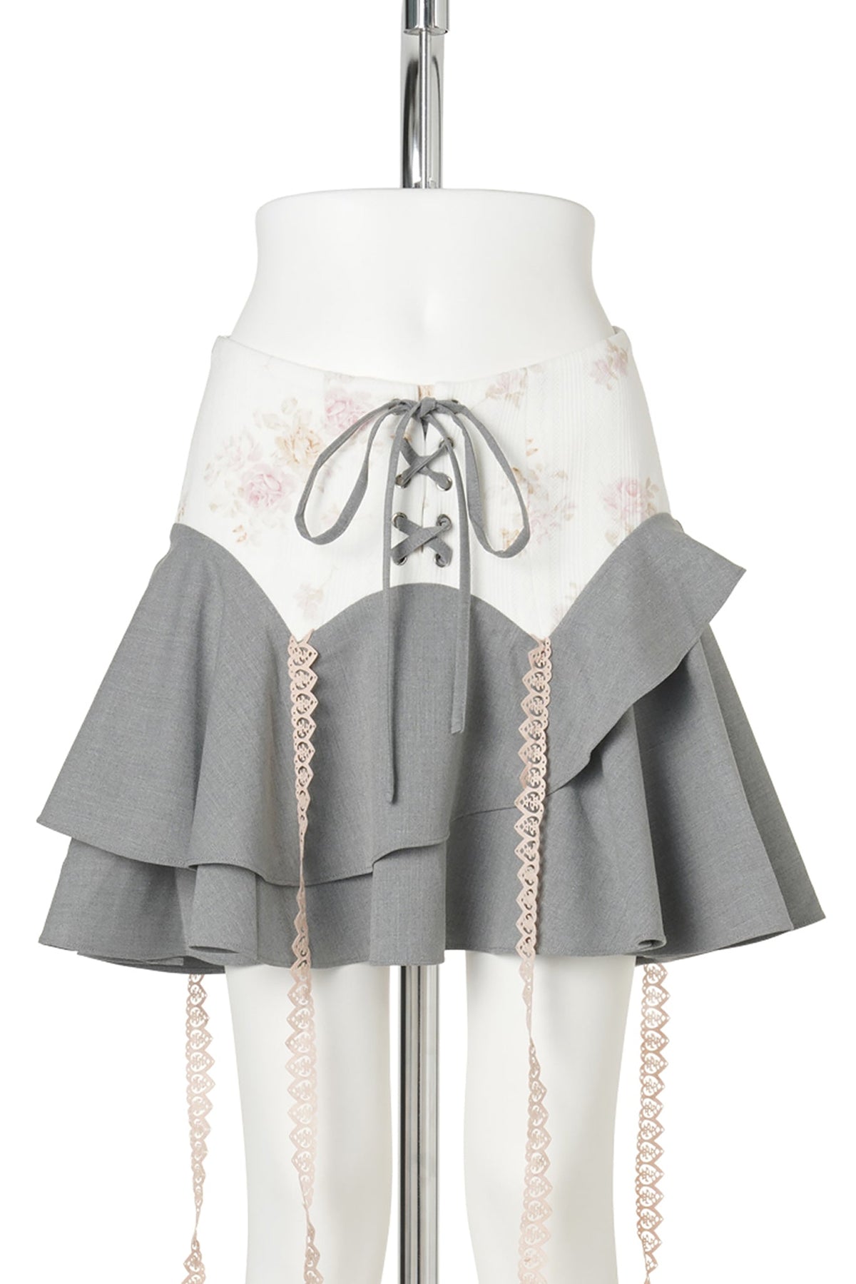 FLORAL PANEL DRAPE SKIRT / GREY/IVORY