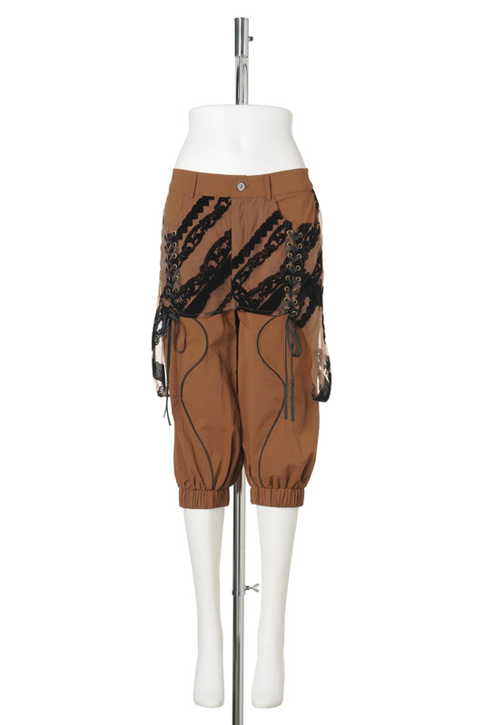 LACE PANEL TRACK SHORTS / RUST/BLACK