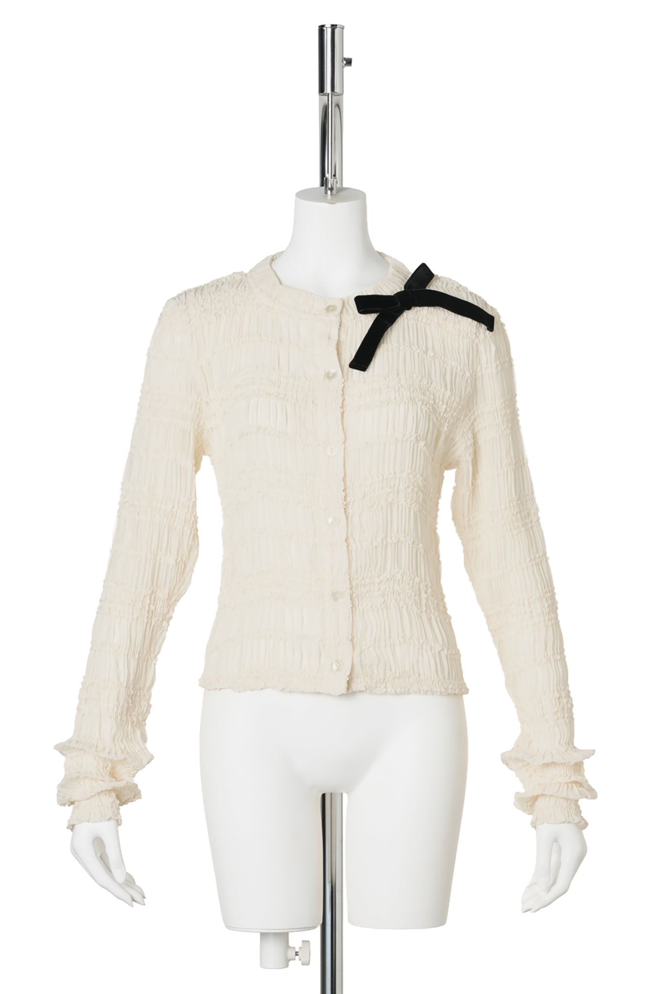 SHIRRED BUTTON-UP CARDIGAN WITH VELVET BOW / IVORY