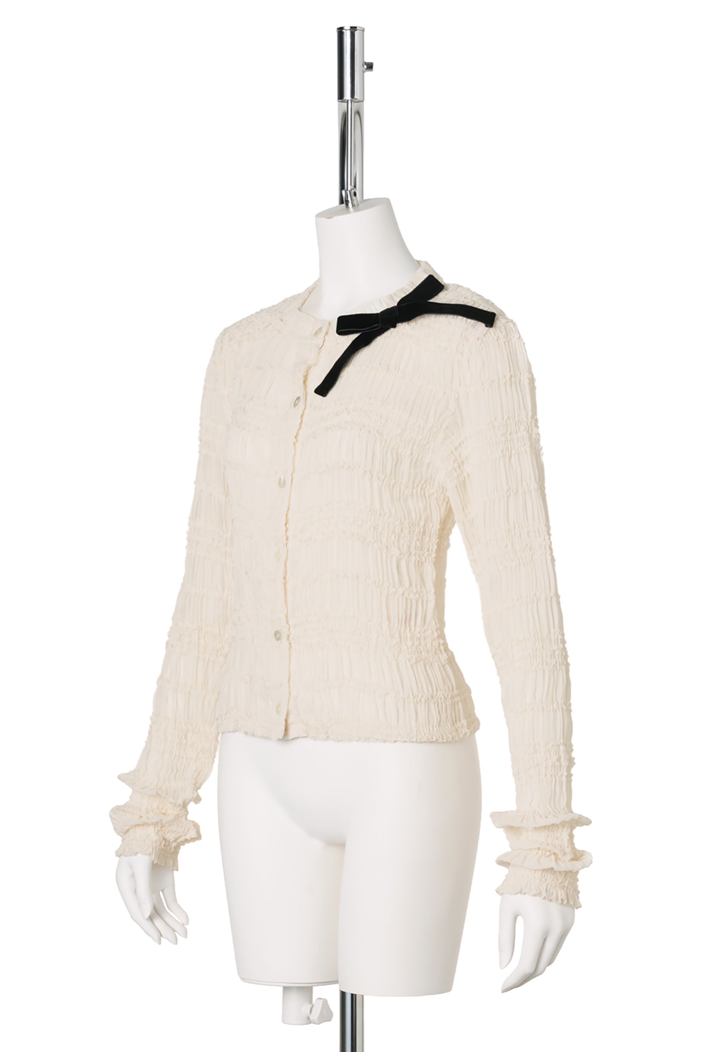 SHIRRED BUTTON-UP CARDIGAN WITH VELVET BOW / IVORY
