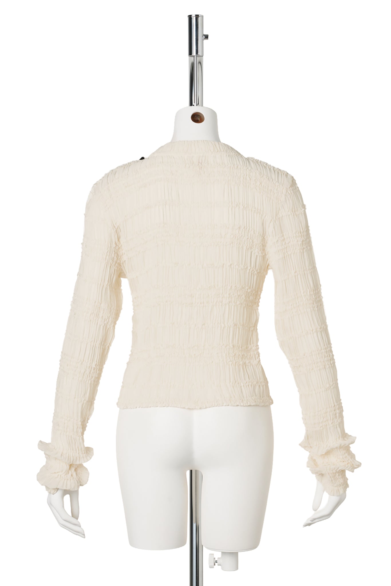 SHIRRED BUTTON-UP CARDIGAN WITH VELVET BOW / IVORY