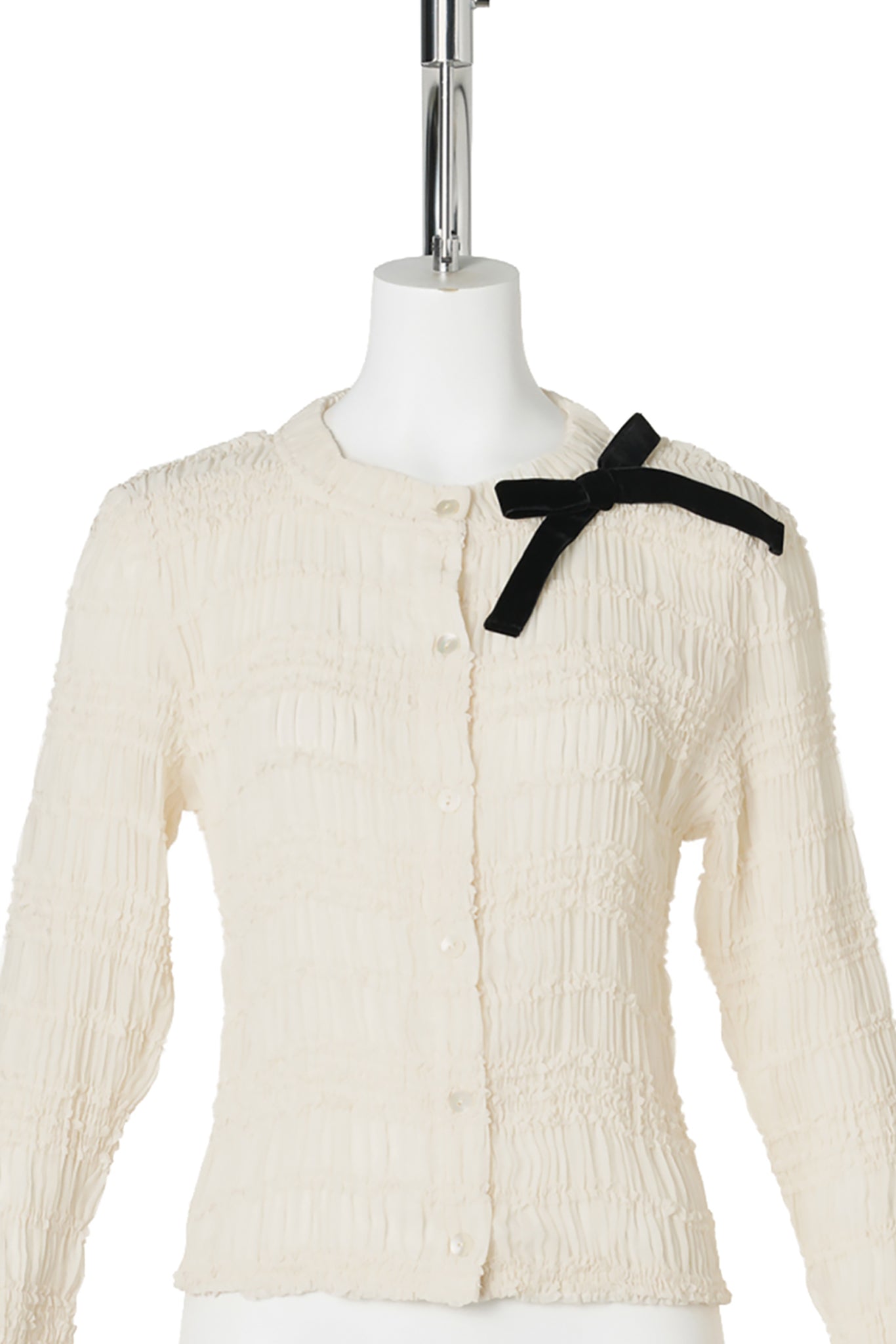 SHIRRED BUTTON-UP CARDIGAN WITH VELVET BOW / IVORY