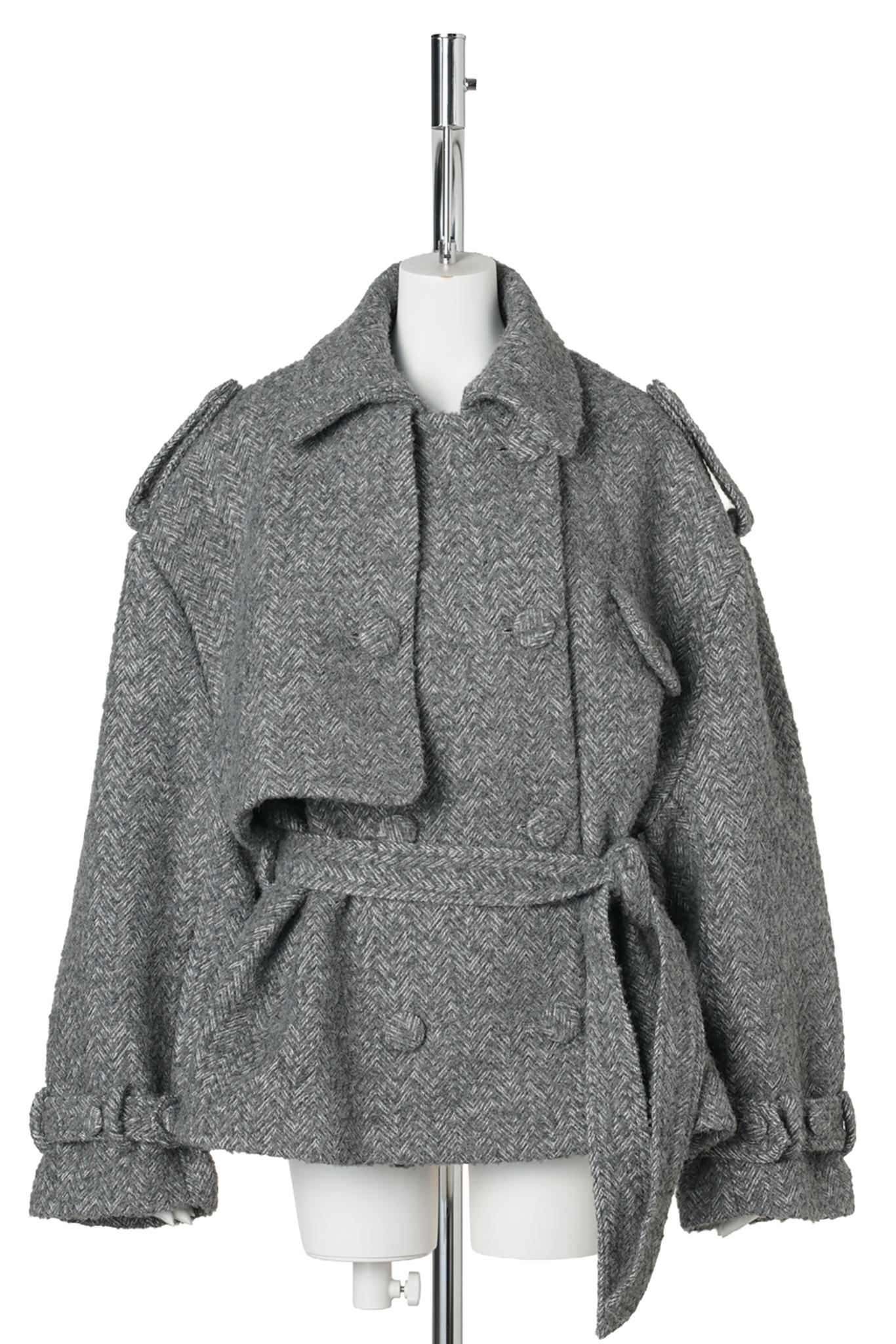 HARRINGBONE FIELD COAT WITH BELT / GREY