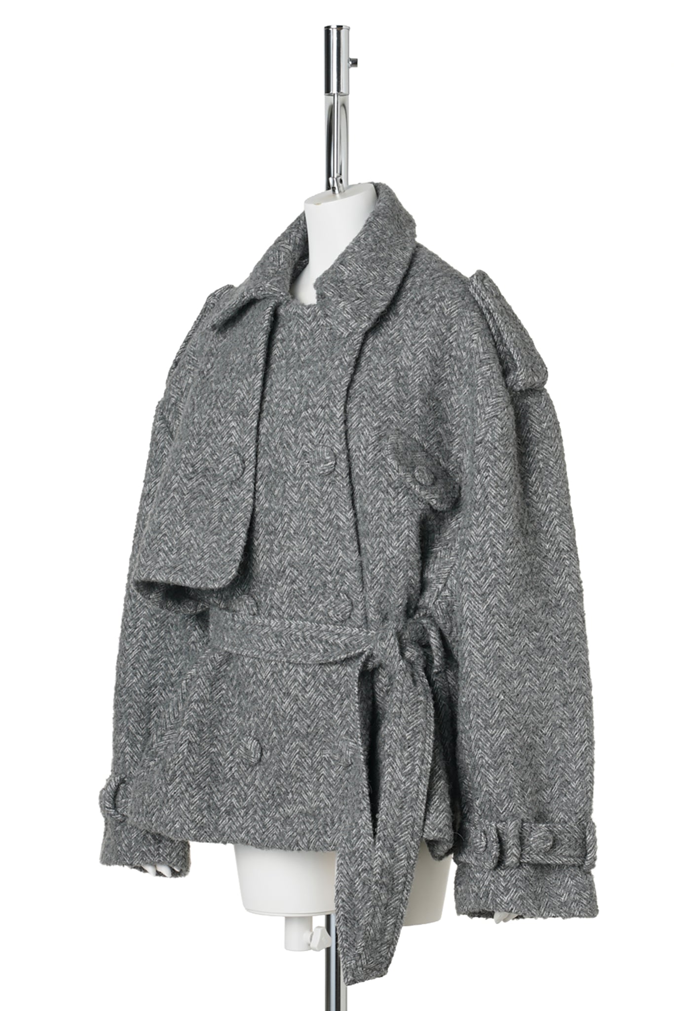HARRINGBONE FIELD COAT WITH BELT / GREY