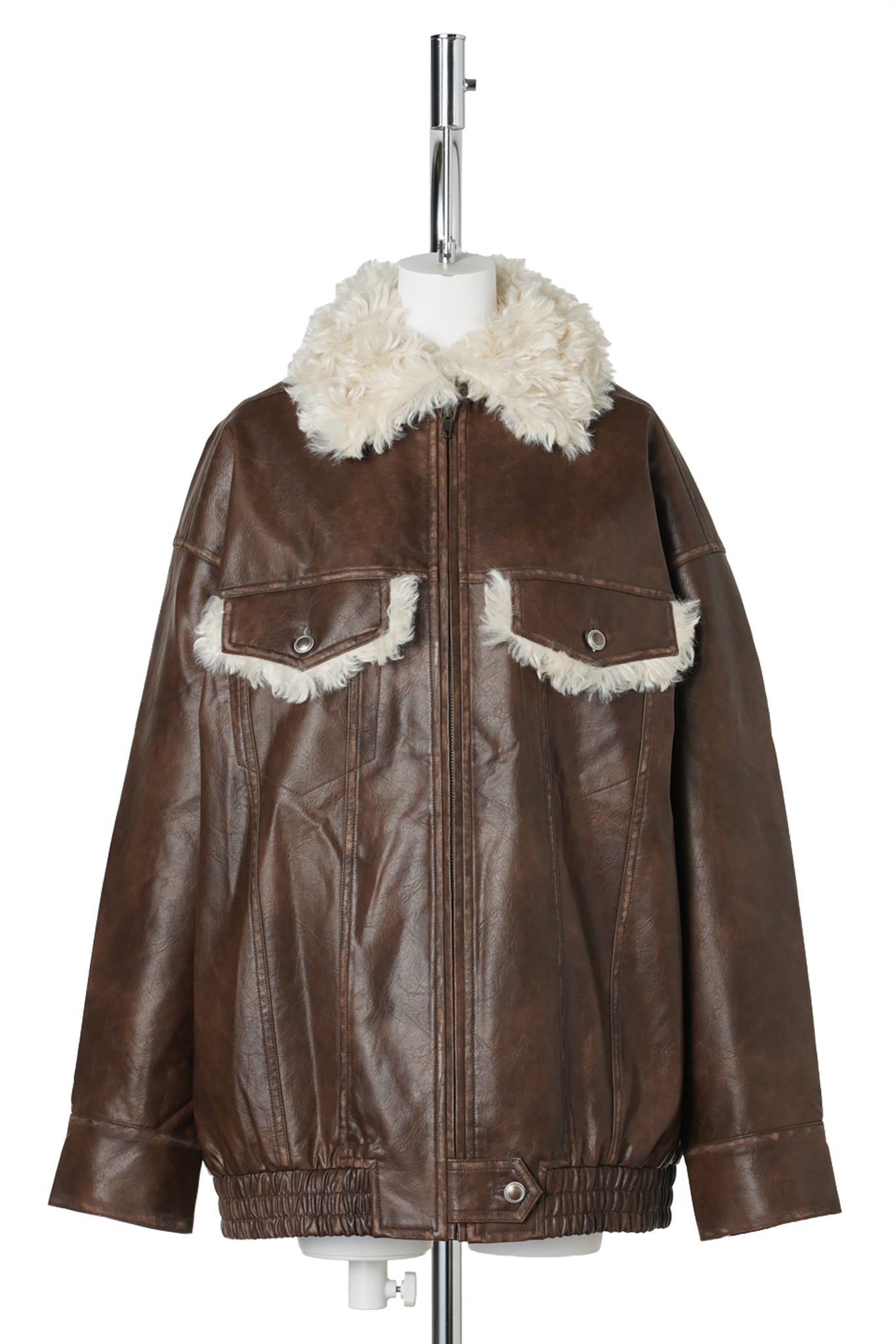 ECO LEATHER BOMBER JACKET WITH FAUX SHEARLING / BROWN