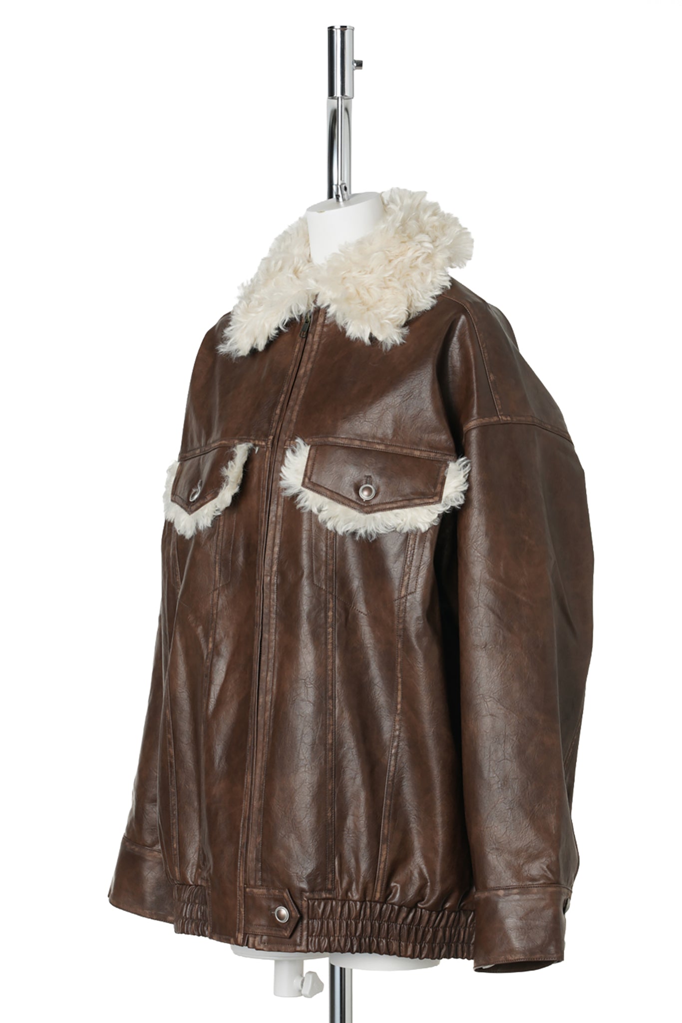 ECO LEATHER BOMBER JACKET WITH FAUX SHEARLING / BROWN