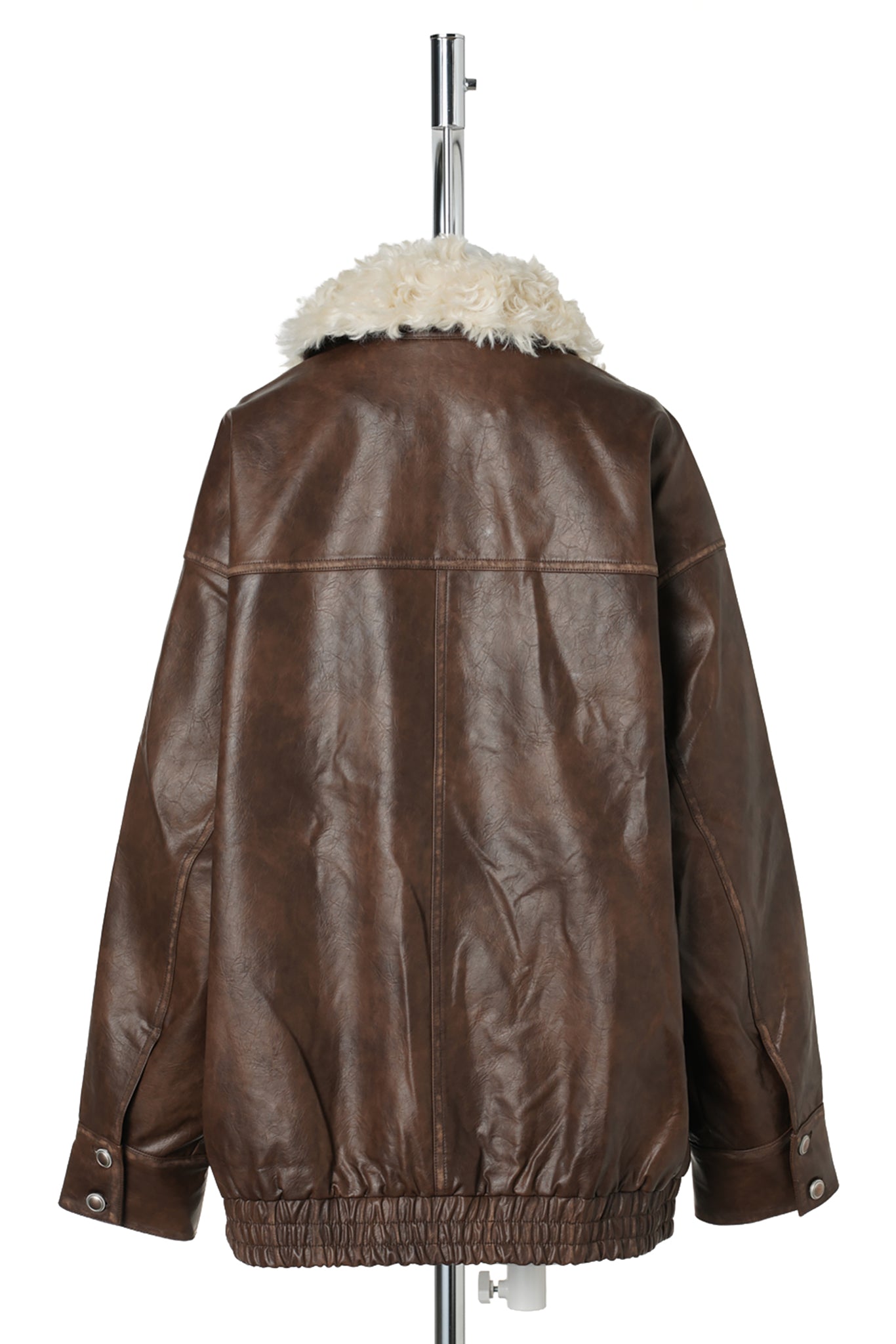 ECO LEATHER BOMBER JACKET WITH FAUX SHEARLING / BROWN
