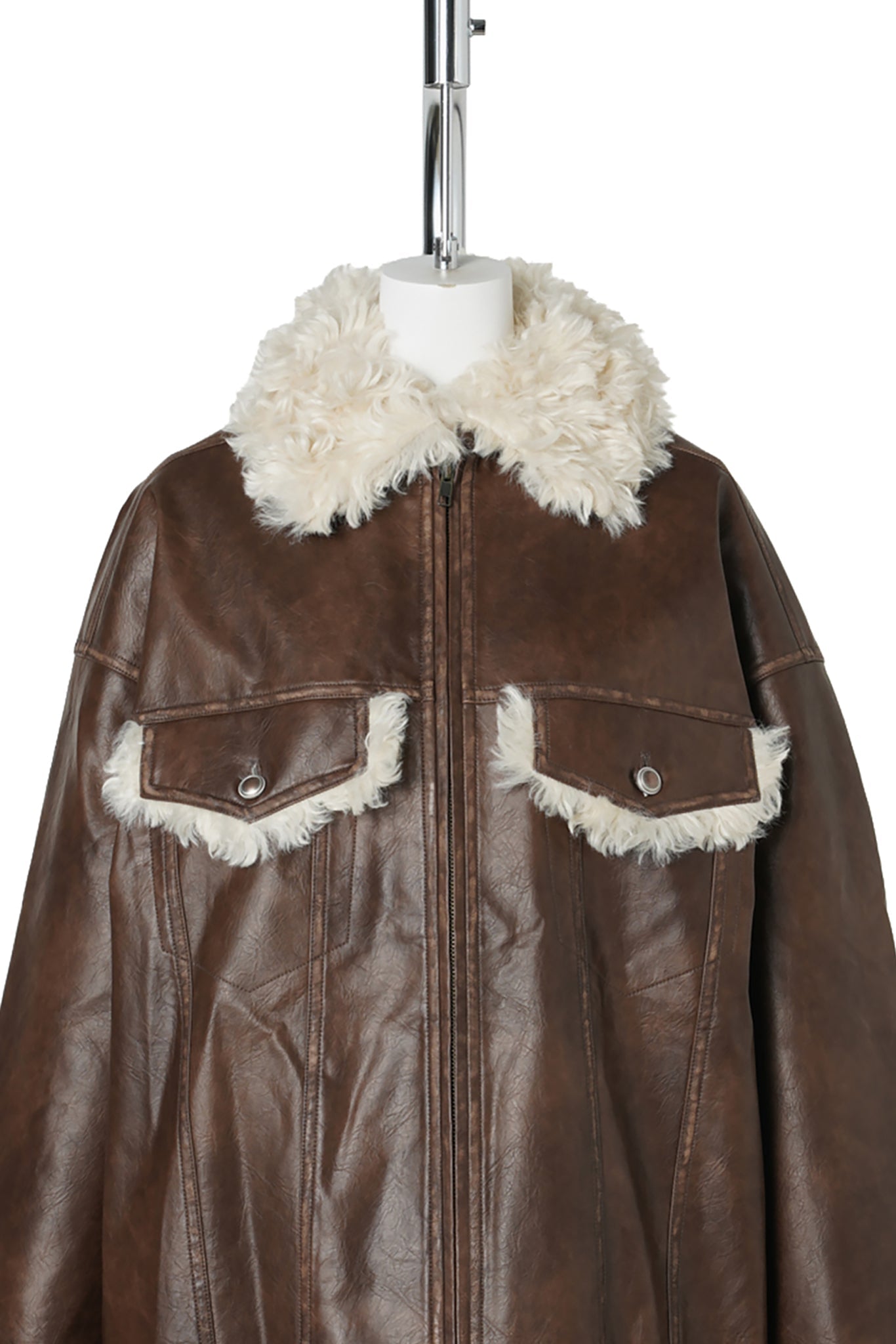 ECO LEATHER BOMBER JACKET WITH FAUX SHEARLING / BROWN