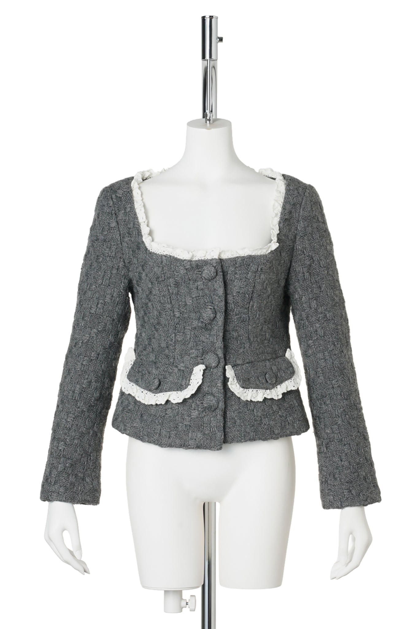 OPEN-NECK LACE-TRIM TWEED JACKET / GREY