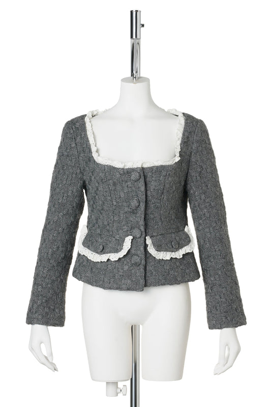 OPEN-NECK LACE-TRIM TWEED JACKET / GREY