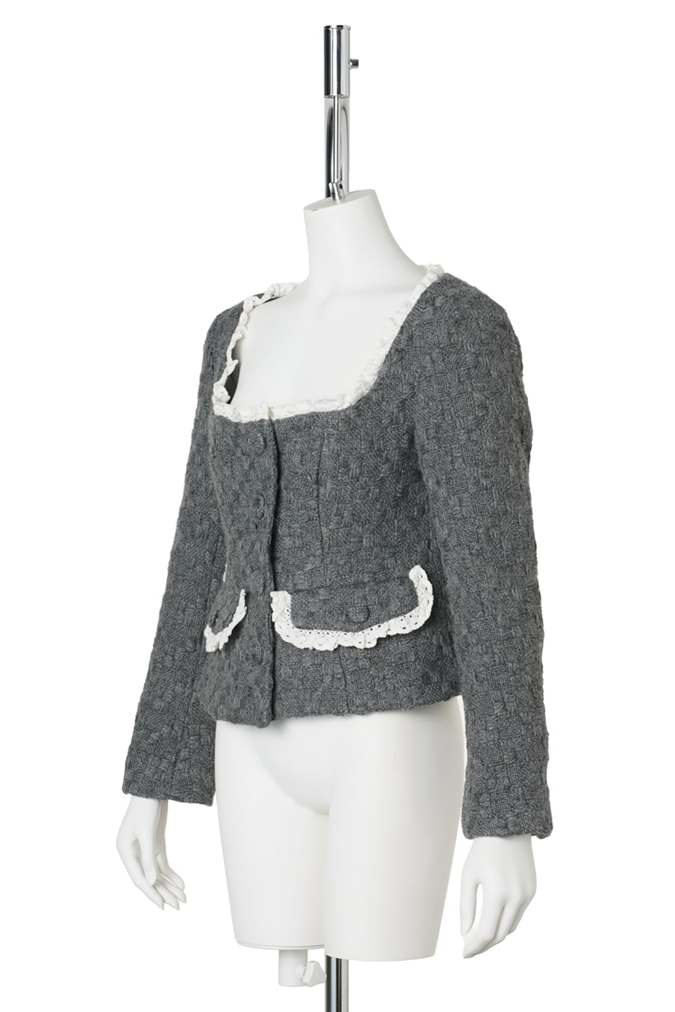 OPEN-NECK LACE-TRIM TWEED JACKET / GREY