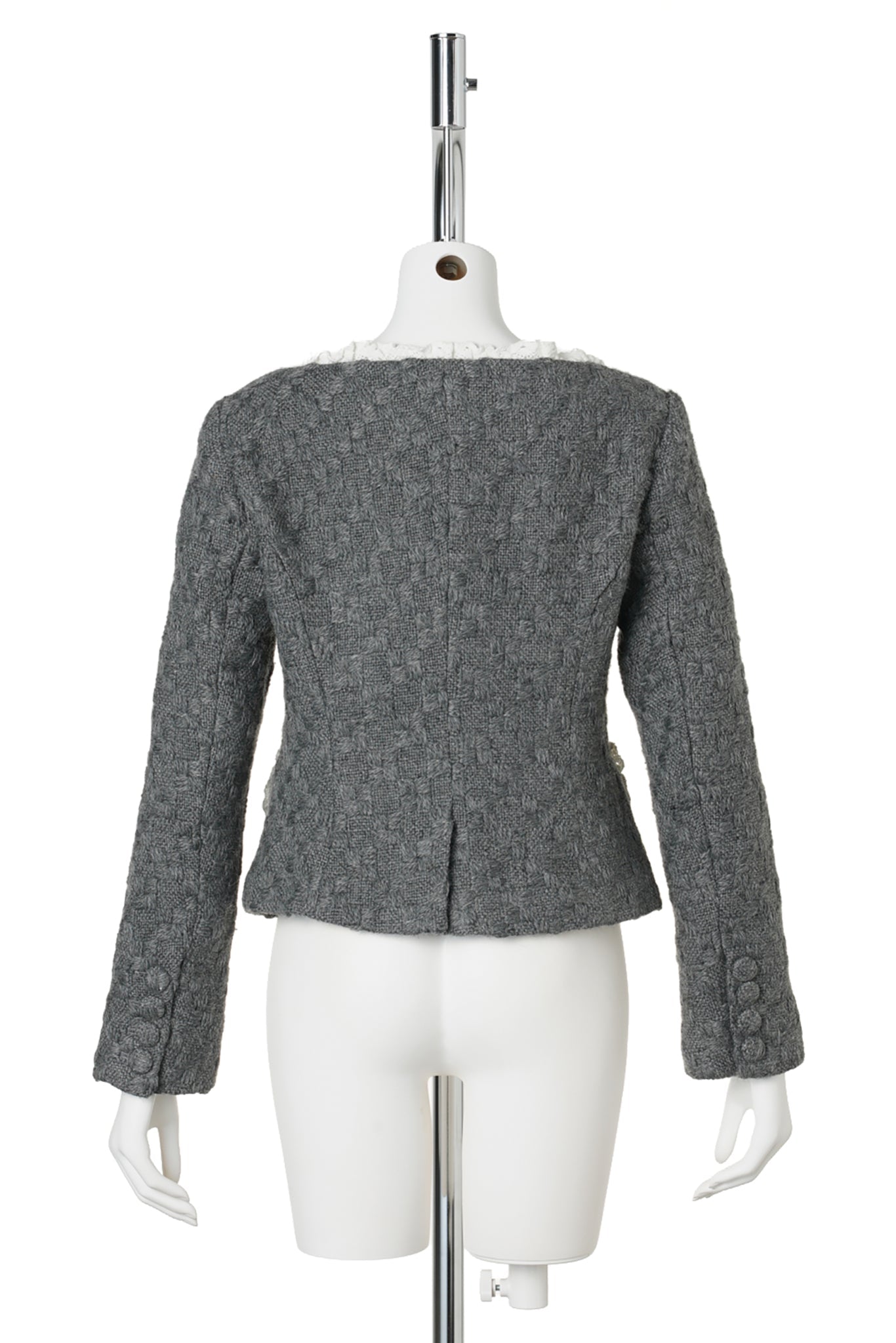 OPEN-NECK LACE-TRIM TWEED JACKET / GREY