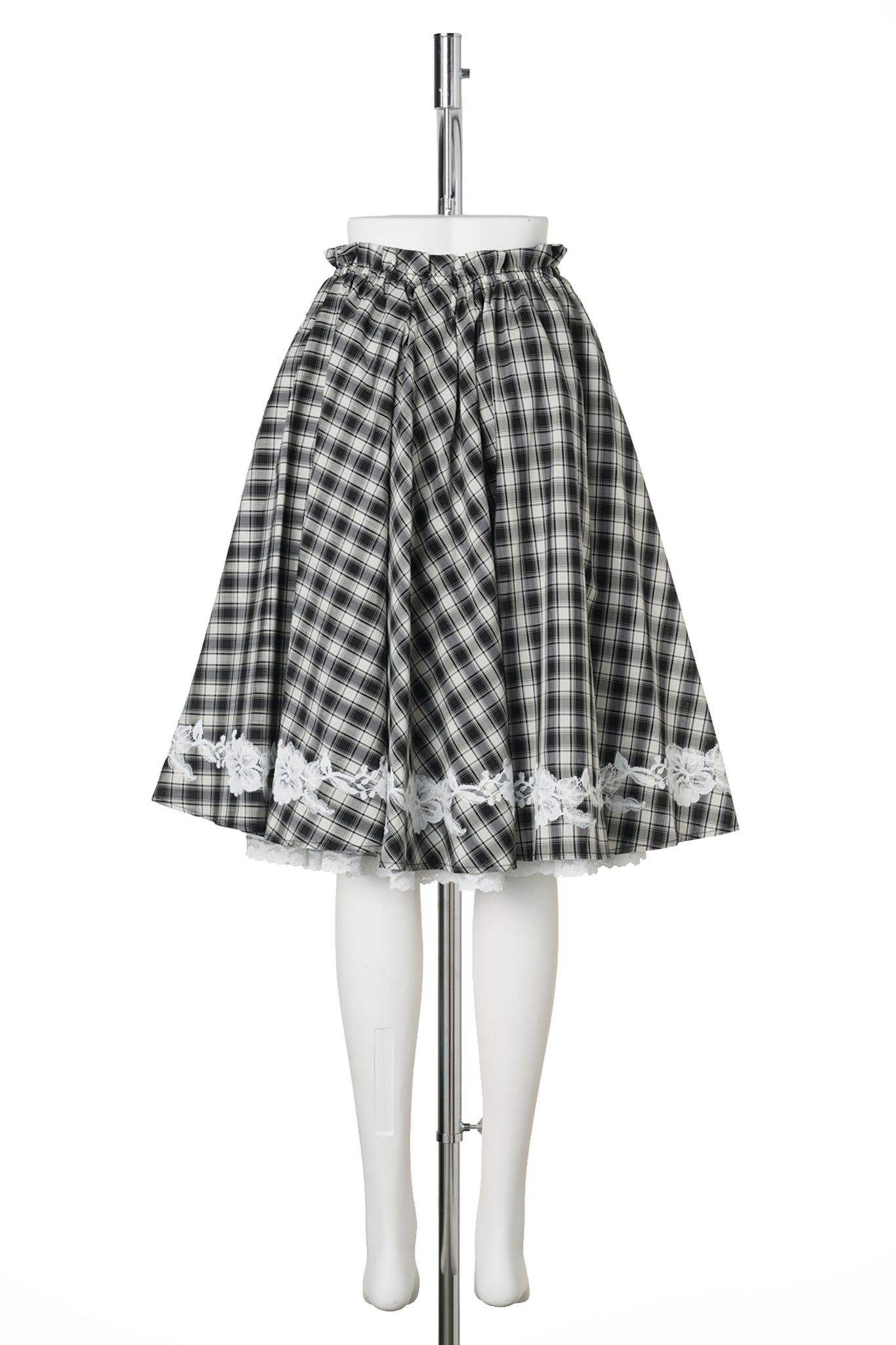 CHECK GATHERED SKIRT WITH FLORAL APPLIQUÉ / BLACK CHECK