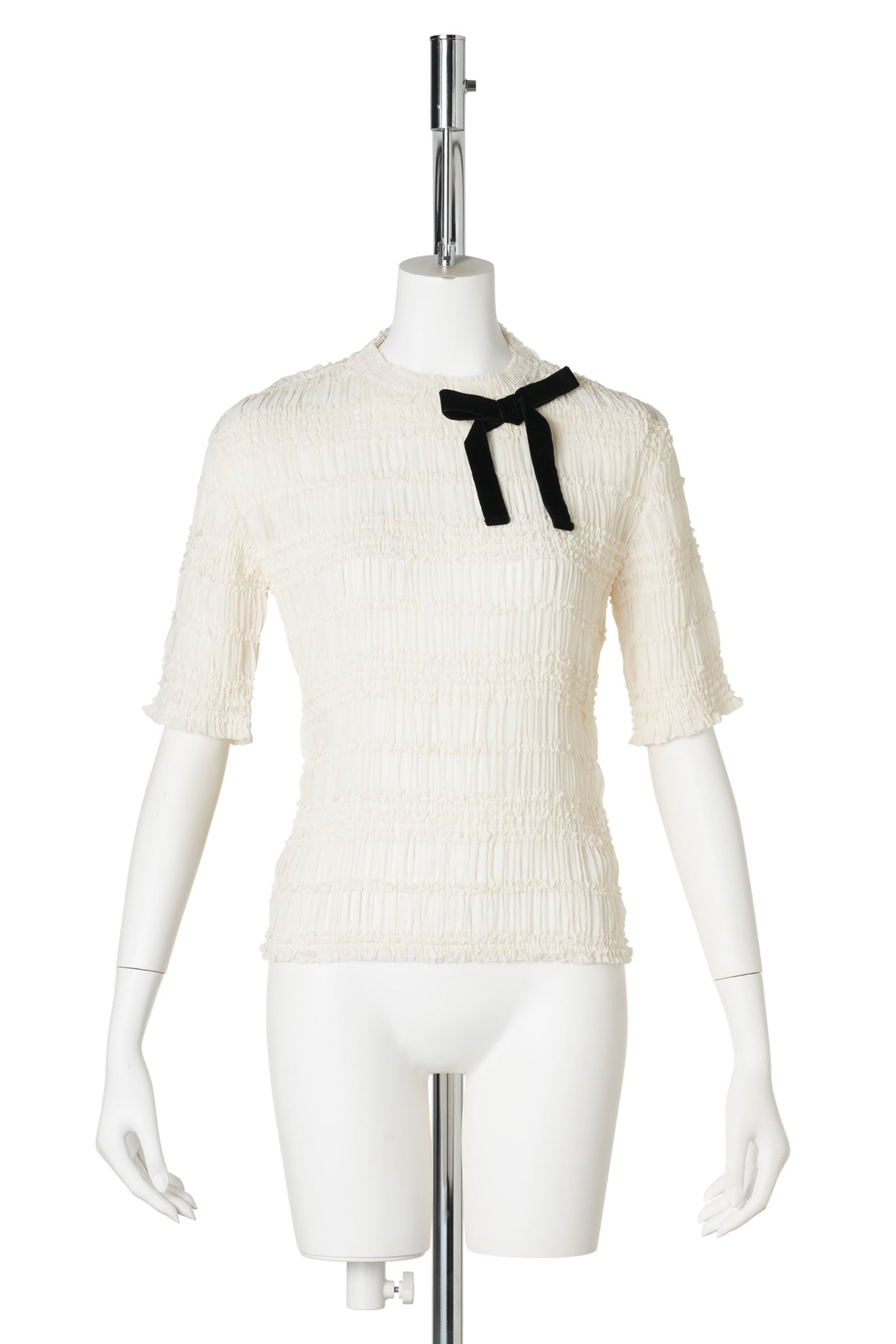 SHIRRED RIBBED TOP WITH VELVET BOW / IVORY