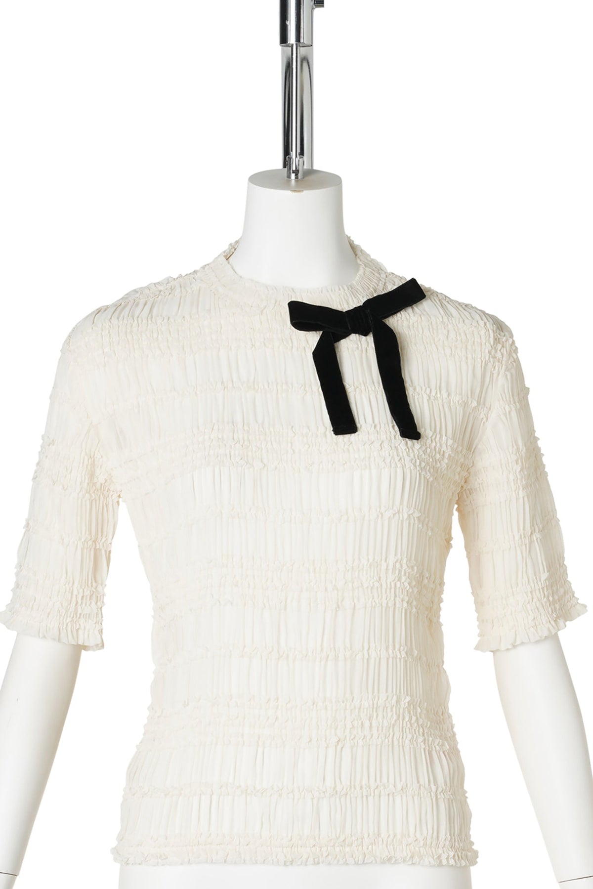 SHIRRED RIBBED TOP WITH VELVET BOW / IVORY
