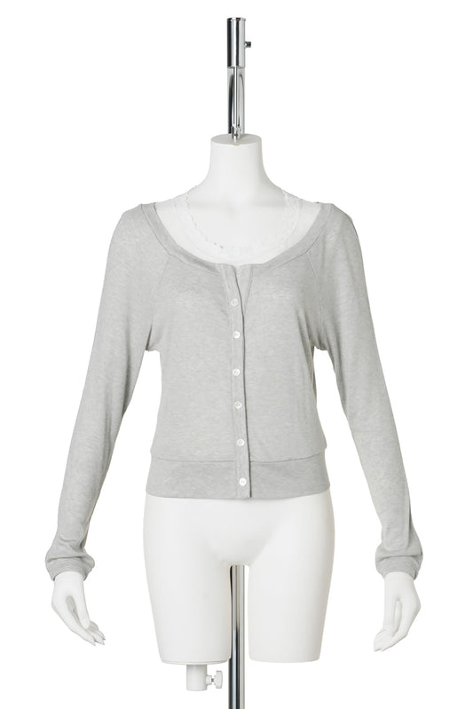 LAYERED LACE-TRIM CARDIGAN TOP / GREY