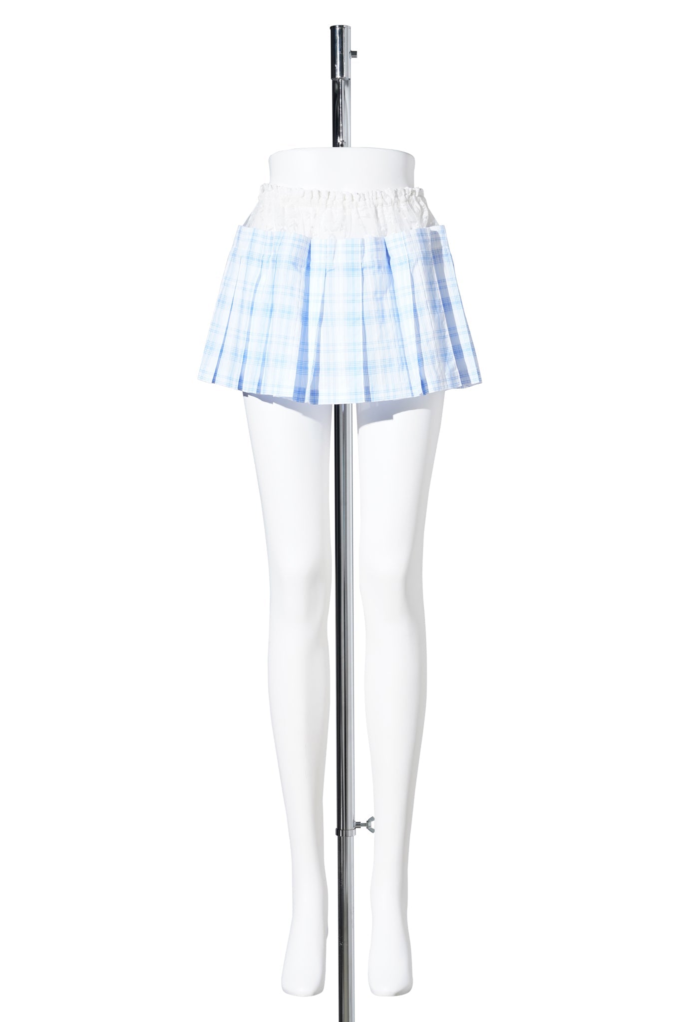 LACE TRIM PLEAT MINI SKIRT / BLUE CHECK