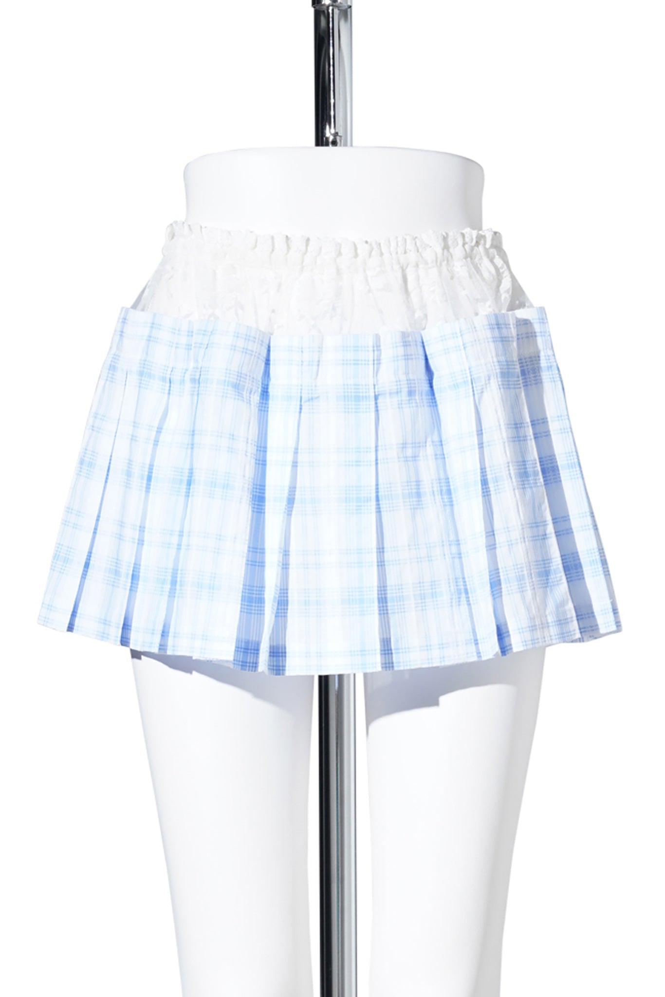 LACE TRIM PLEAT MINI SKIRT / BLUE CHECK