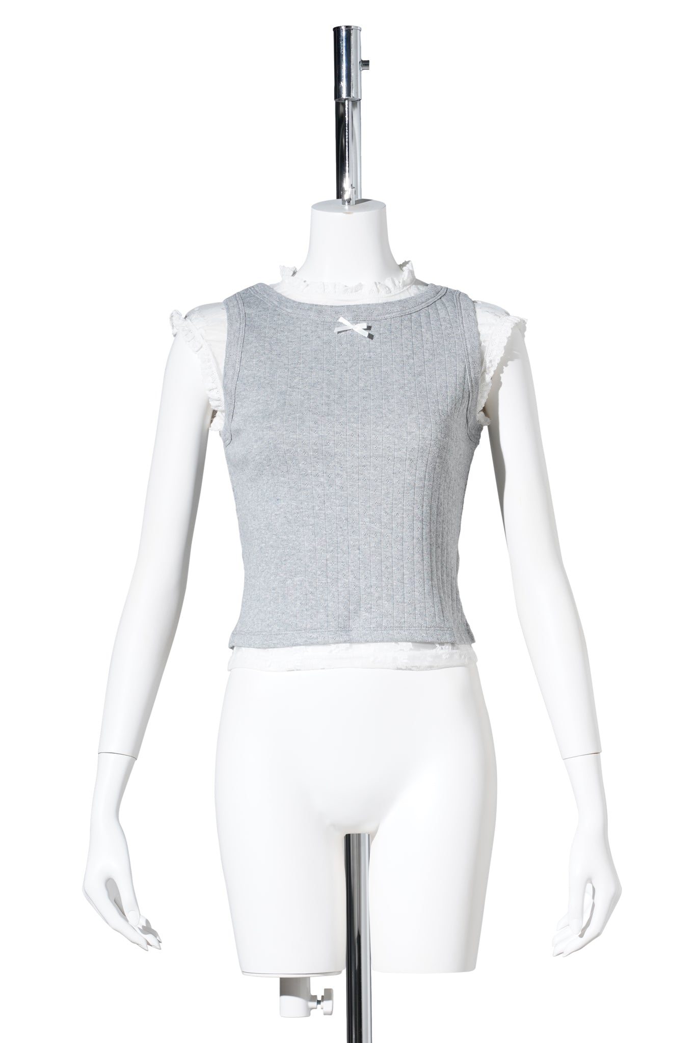 POINTELLE LACE TRIM BOW TANK TOP / GREY