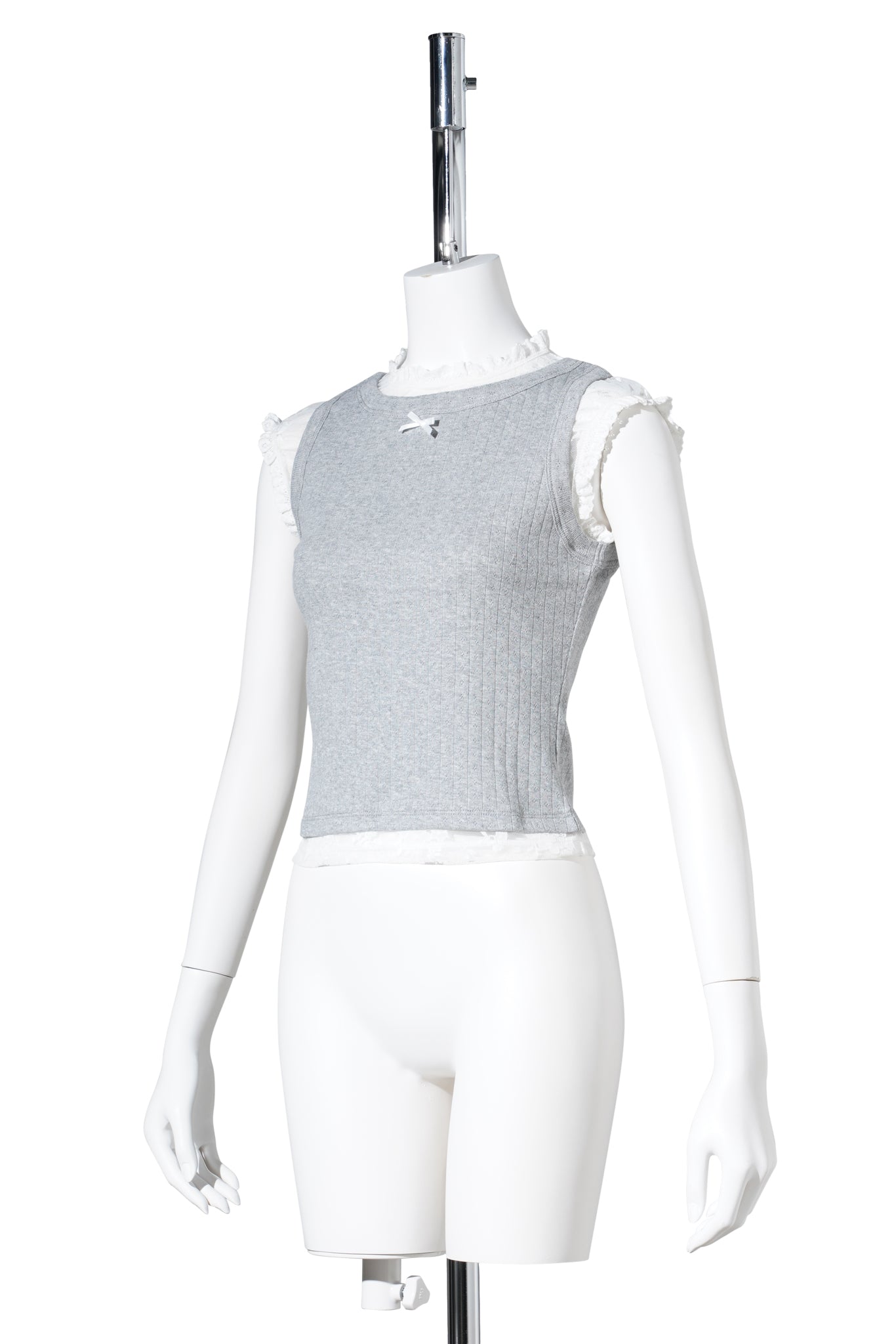 POINTELLE LACE TRIM BOW TANK TOP / GREY