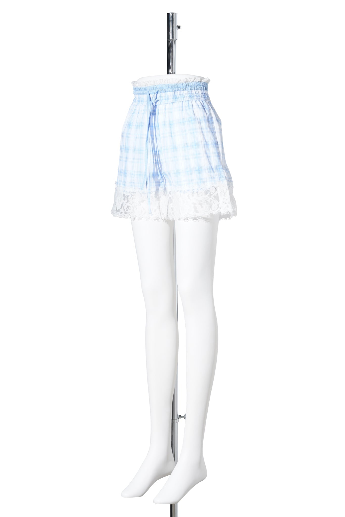 DOUBLE WAIST LACE TRIM SHORT / BLUE CHECK