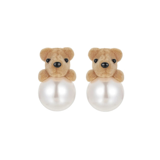 FLOCKED BEAR DROP EARRINGS / SILVER