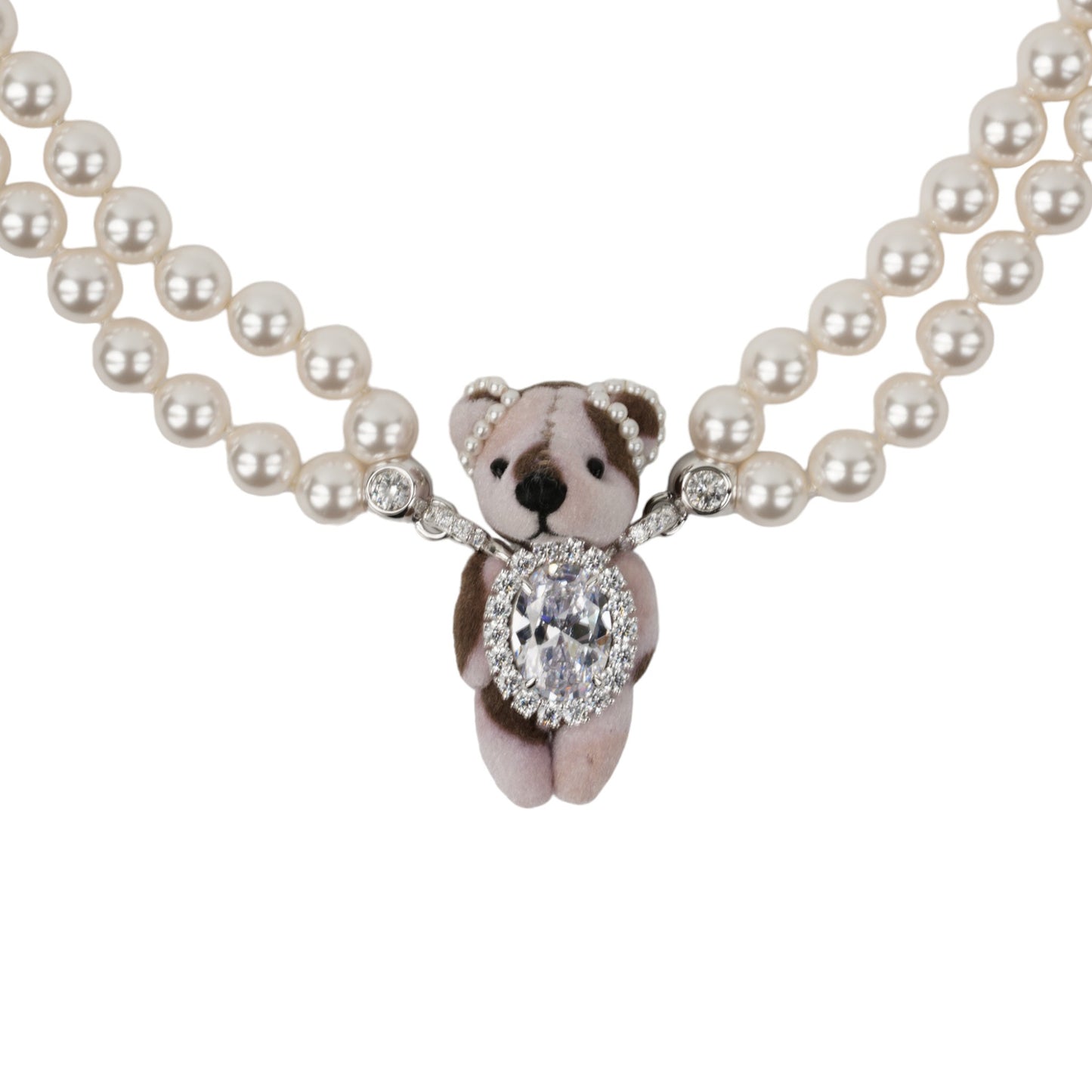 DOT PRINT FURRY BEAR DOUBLESTRAND PEARL NECKLACE / SILVER