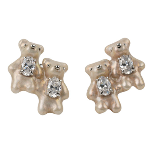 TWIN PEARLESCENT BEAR EARRINGS / SILVER