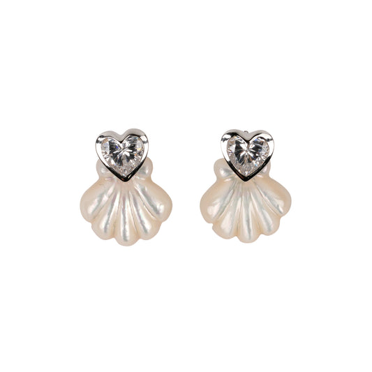 HEART ZIRCON CARVED SHELL EARRINGS / SILVER