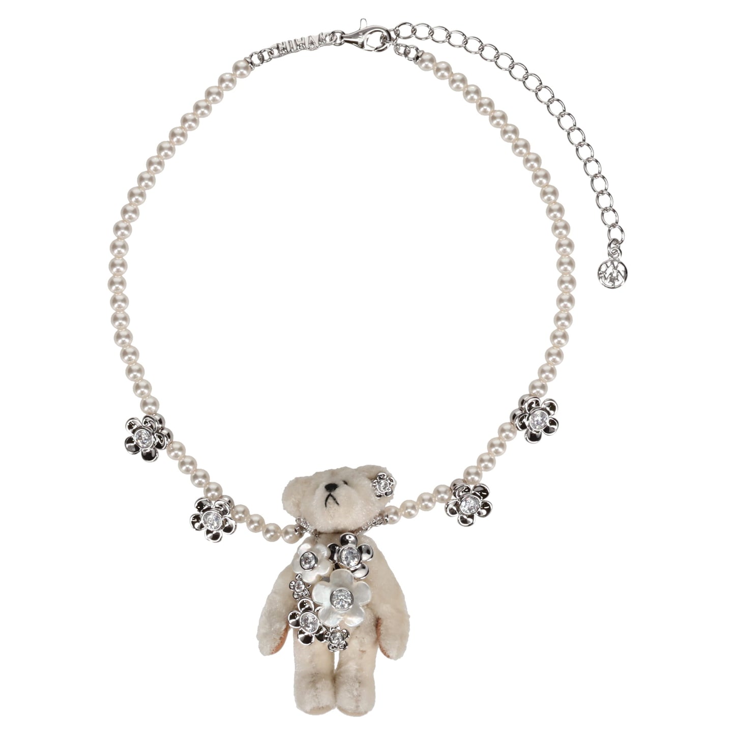 LONG HAIR BEAR FLOWERS PENDANT NECKLACE / SILVER