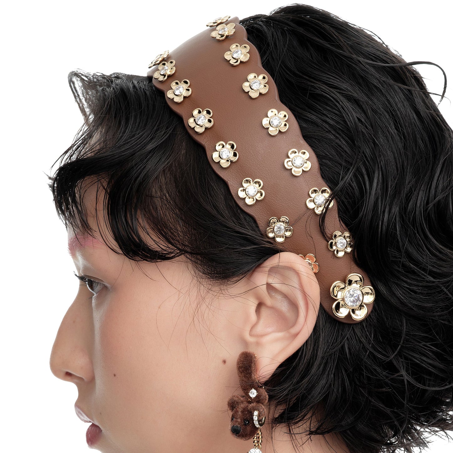 LEATHER FLOWER HAIR BAND / BROWN