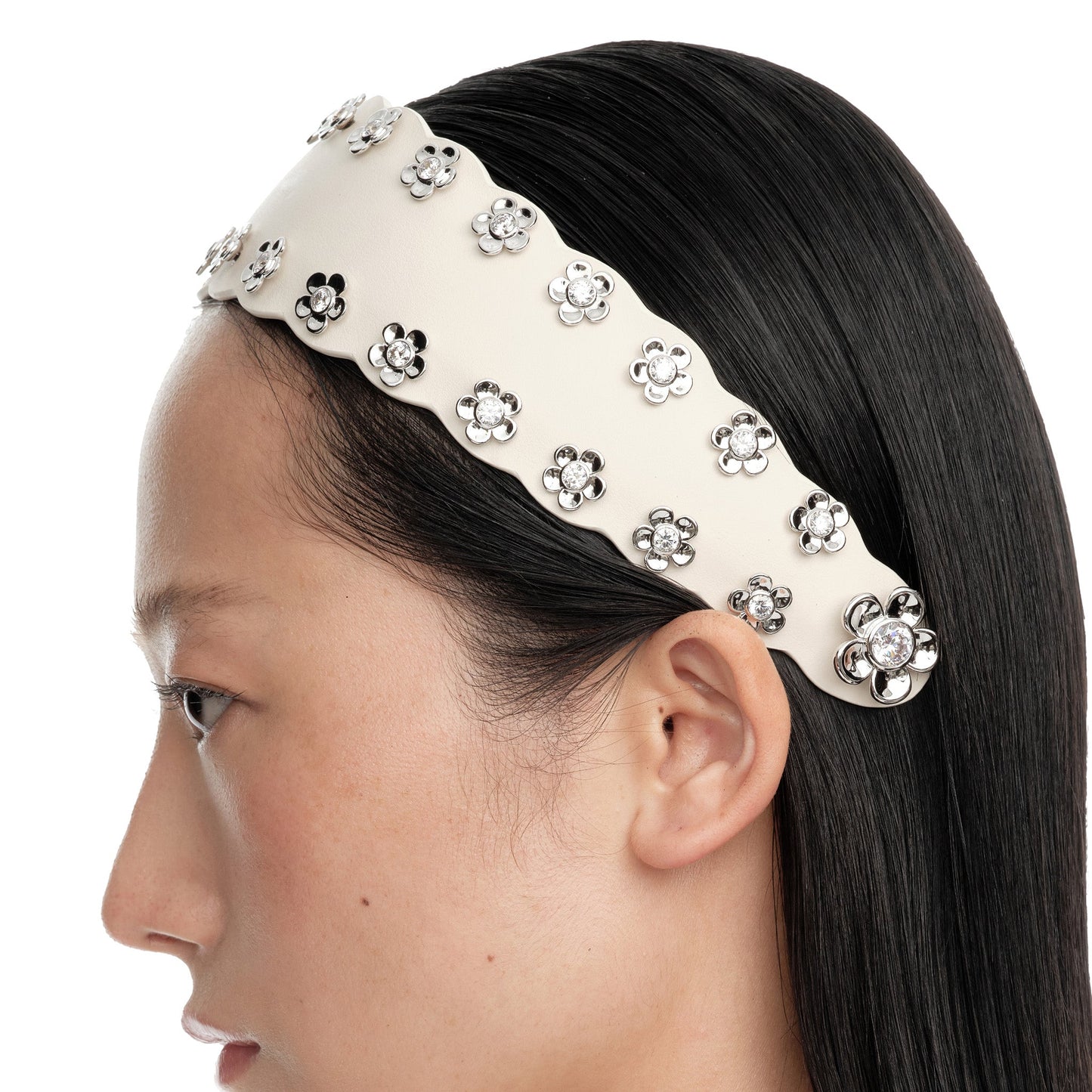 LEATHER FLOWER HAIR BAND / WHITE