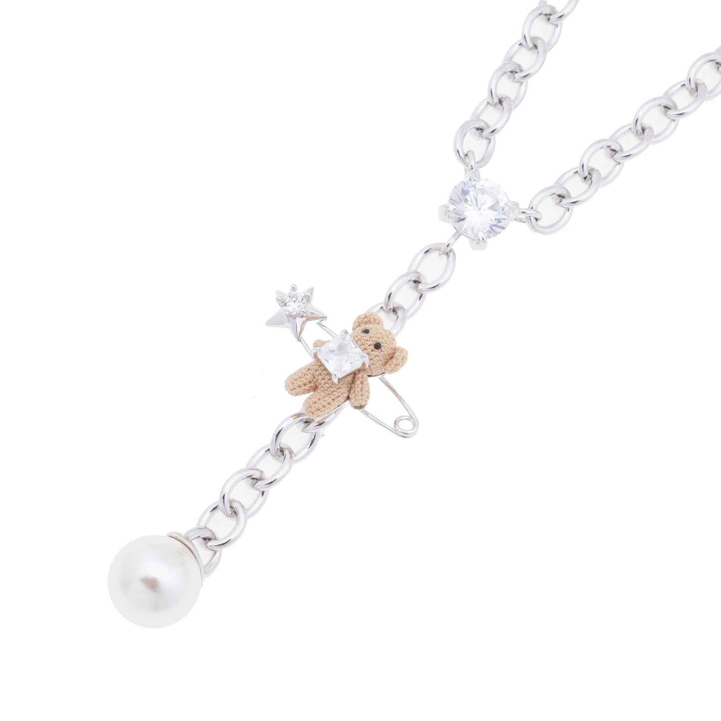 WOVEN MINI BEAR PIN LOCK NECKLACE / WHITE
