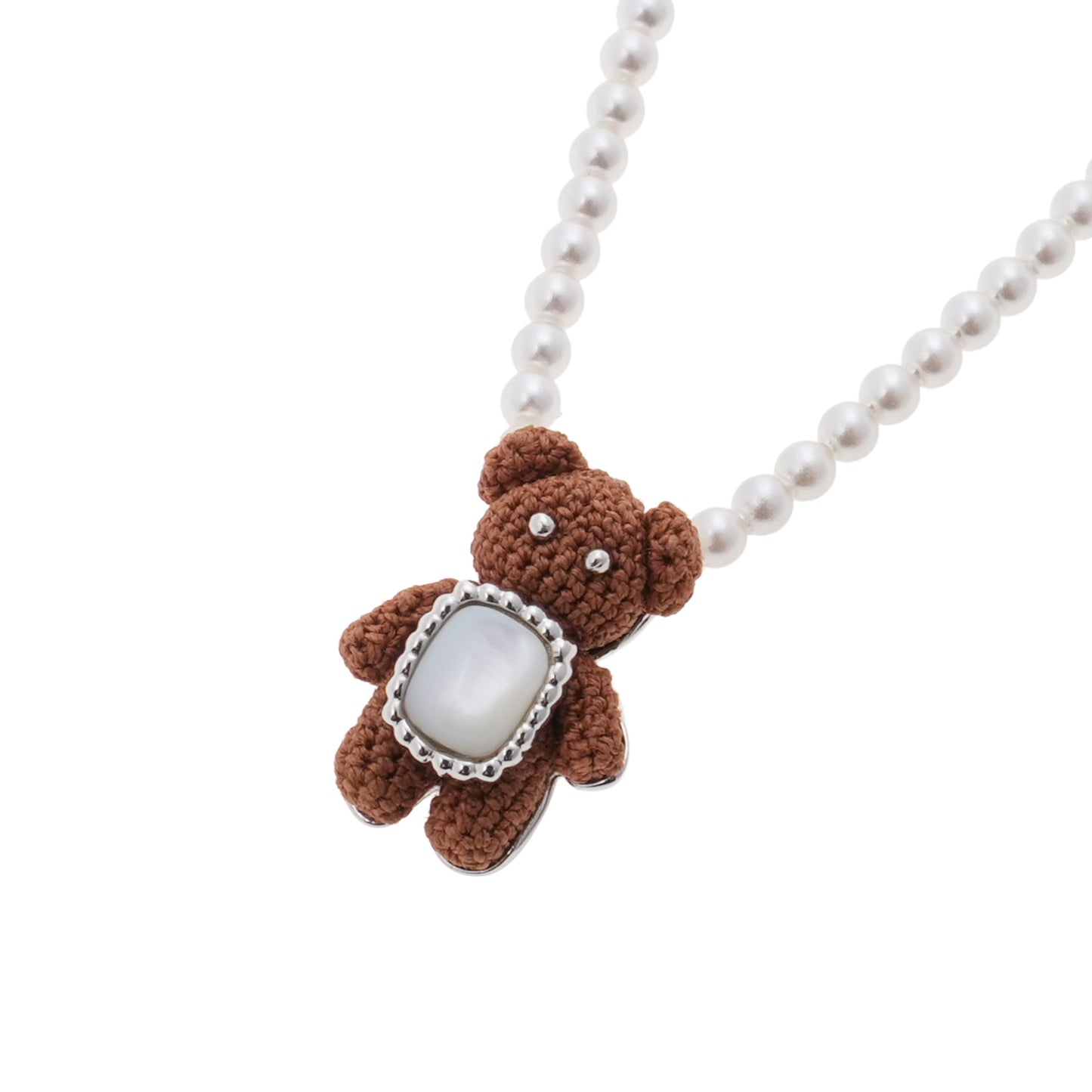WOVEN MINI BEAR MOTHER OF PEARL NECKLACE / LIGHT BROWN