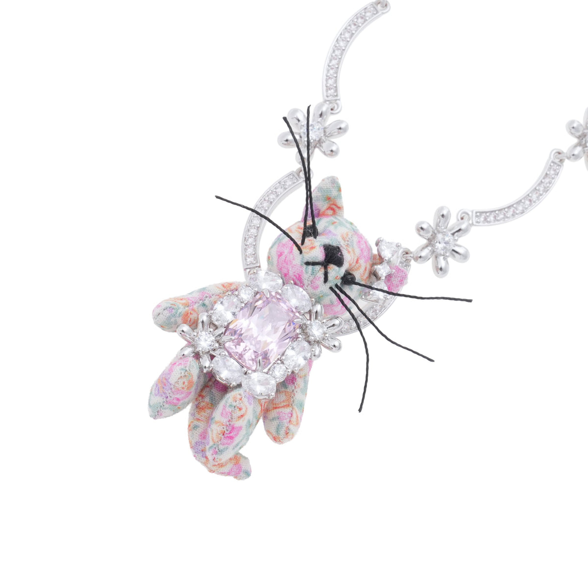 FABRIC KITTEN RIBBON NECKLACE / PINK
