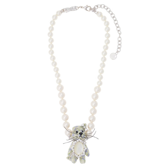 FABRIC KITTEN PEARL NECKLACE / BLUE