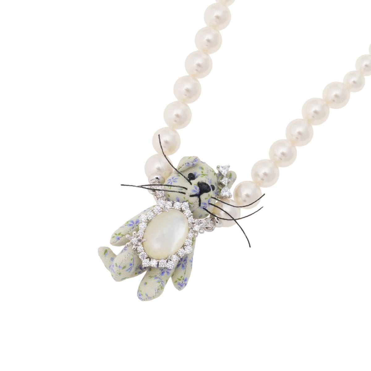 FABRIC KITTEN PEARL NECKLACE / BLUE