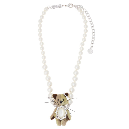 FABRIC KITTEN PEARL NECKLACE / BROWN