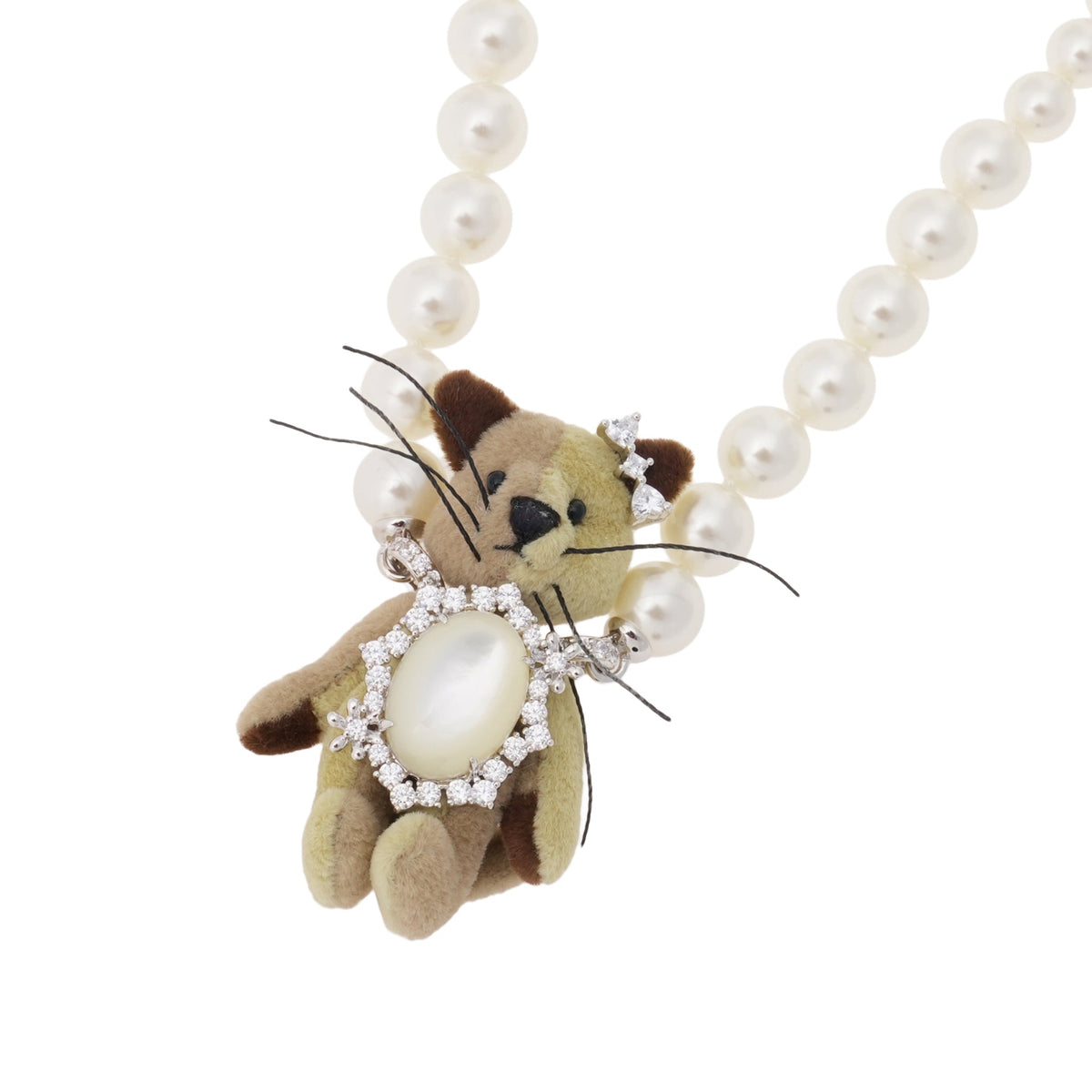 FABRIC KITTEN PEARL NECKLACE / BROWN