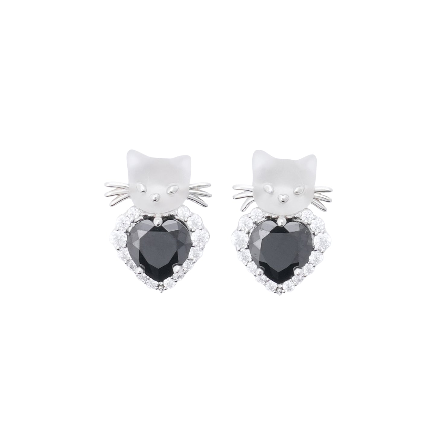 MINI CAT HEART SHAPED GEMSTONE EARRING / BLACK