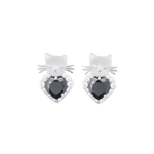 MINI CAT HEART SHAPED GEMSTONE EARRING / BLACK
