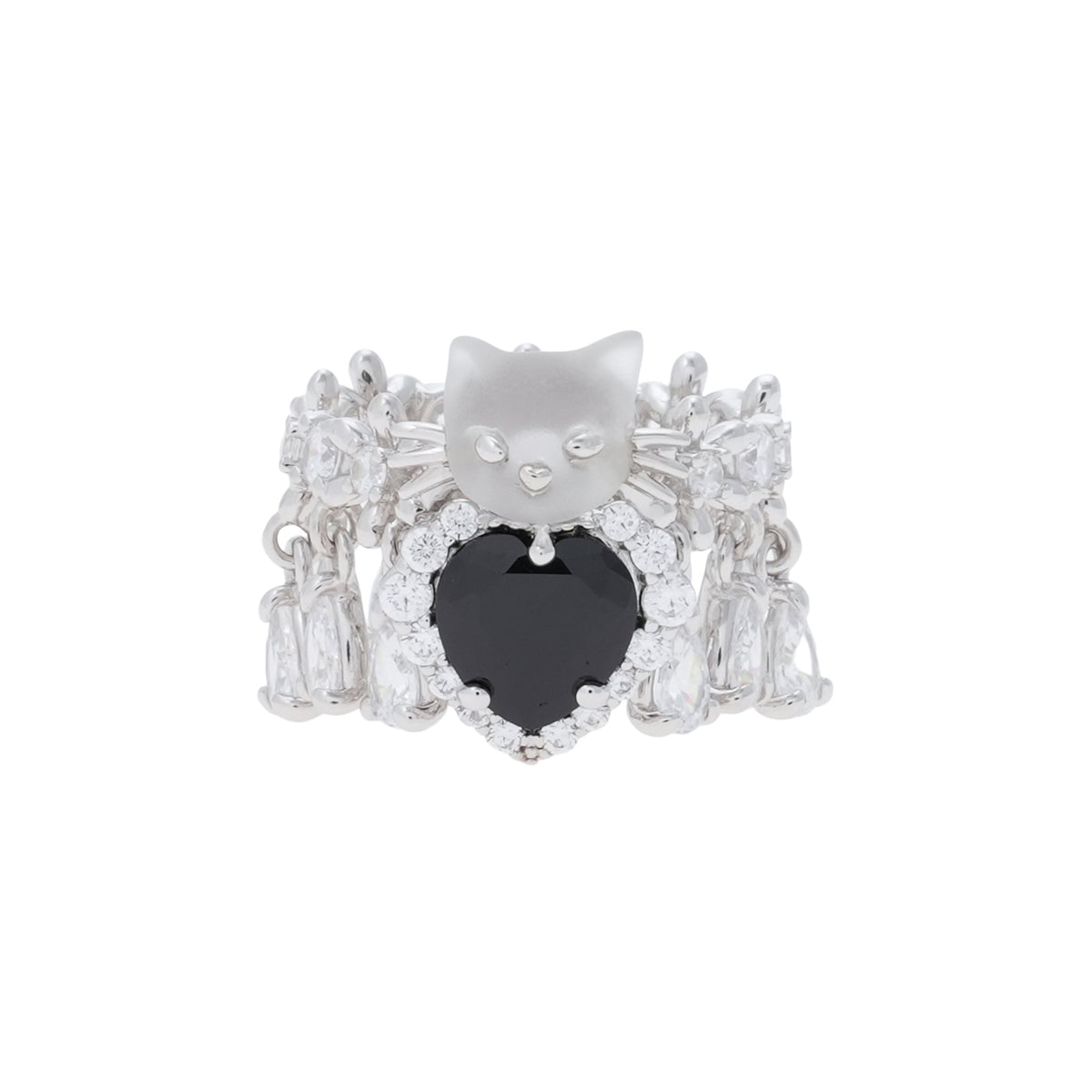 MINI CAT HEART SHAPED GEMSTONE DAISY RING / BLACK