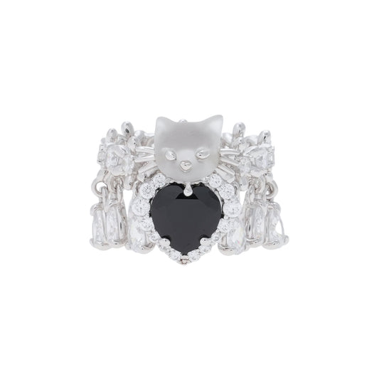 MINI CAT HEART SHAPED GEMSTONE DAISY RING / BLACK