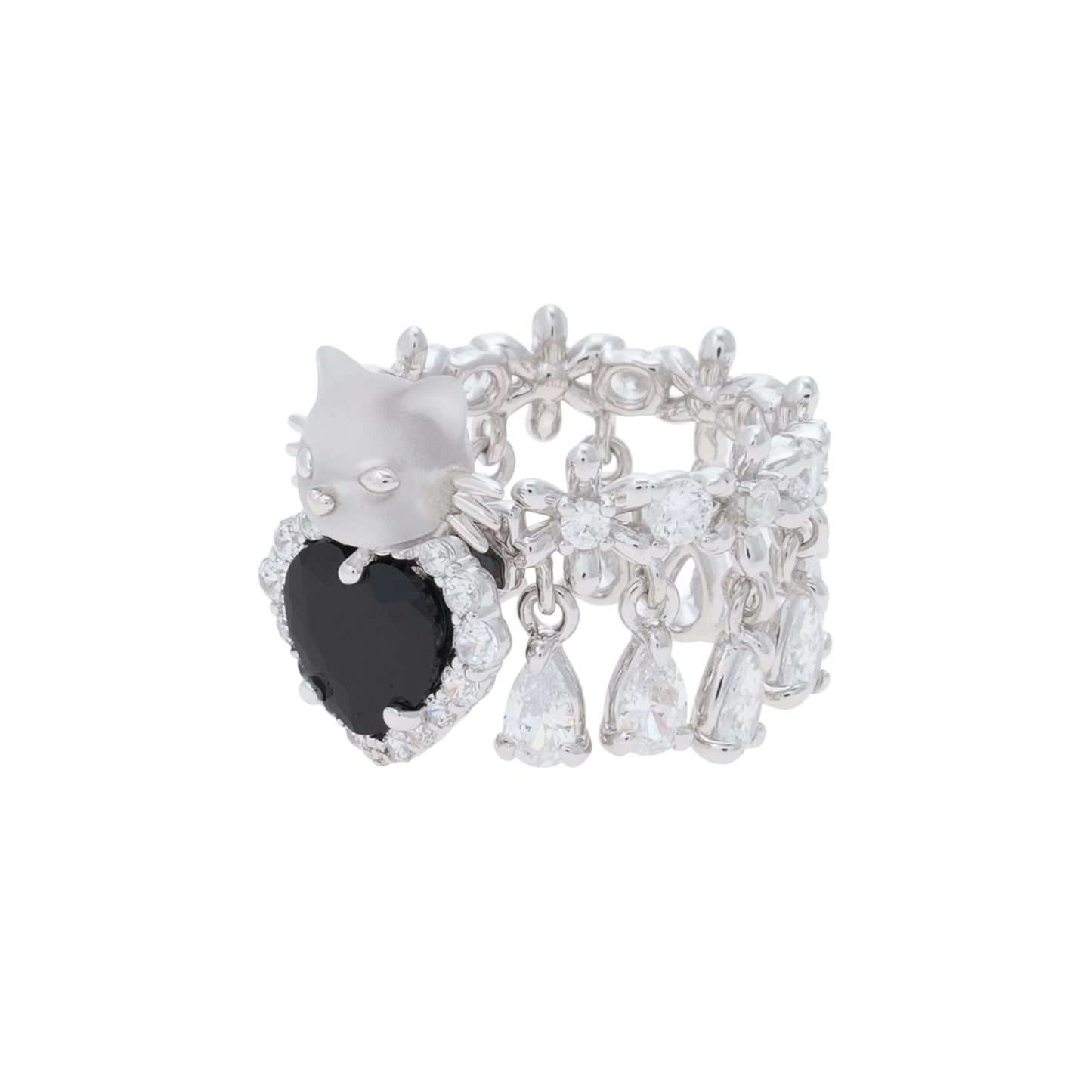 MINI CAT HEART SHAPED GEMSTONE DAISY RING / BLACK