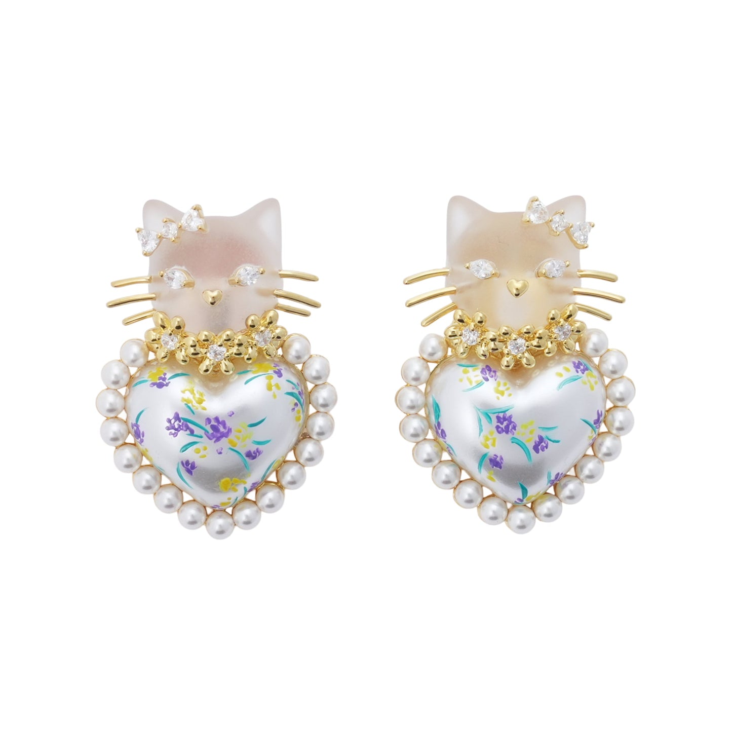 KITTEN HEART SHAPED PEARL EARRING / GOLD