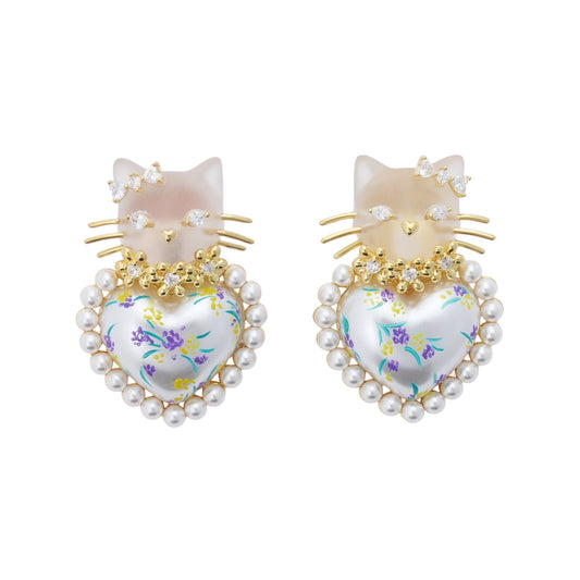 KITTEN HEART SHAPED PEARL EARRING / GOLD