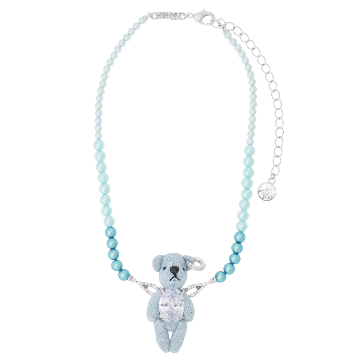 ROUND GEMSTONE BEAR GRADIENT PEARL NECKLACE / SILVER