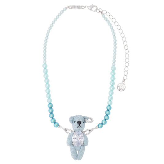 ROUND GEMSTONE BEAR GRADIENT PEARL NECKLACE / SILVER