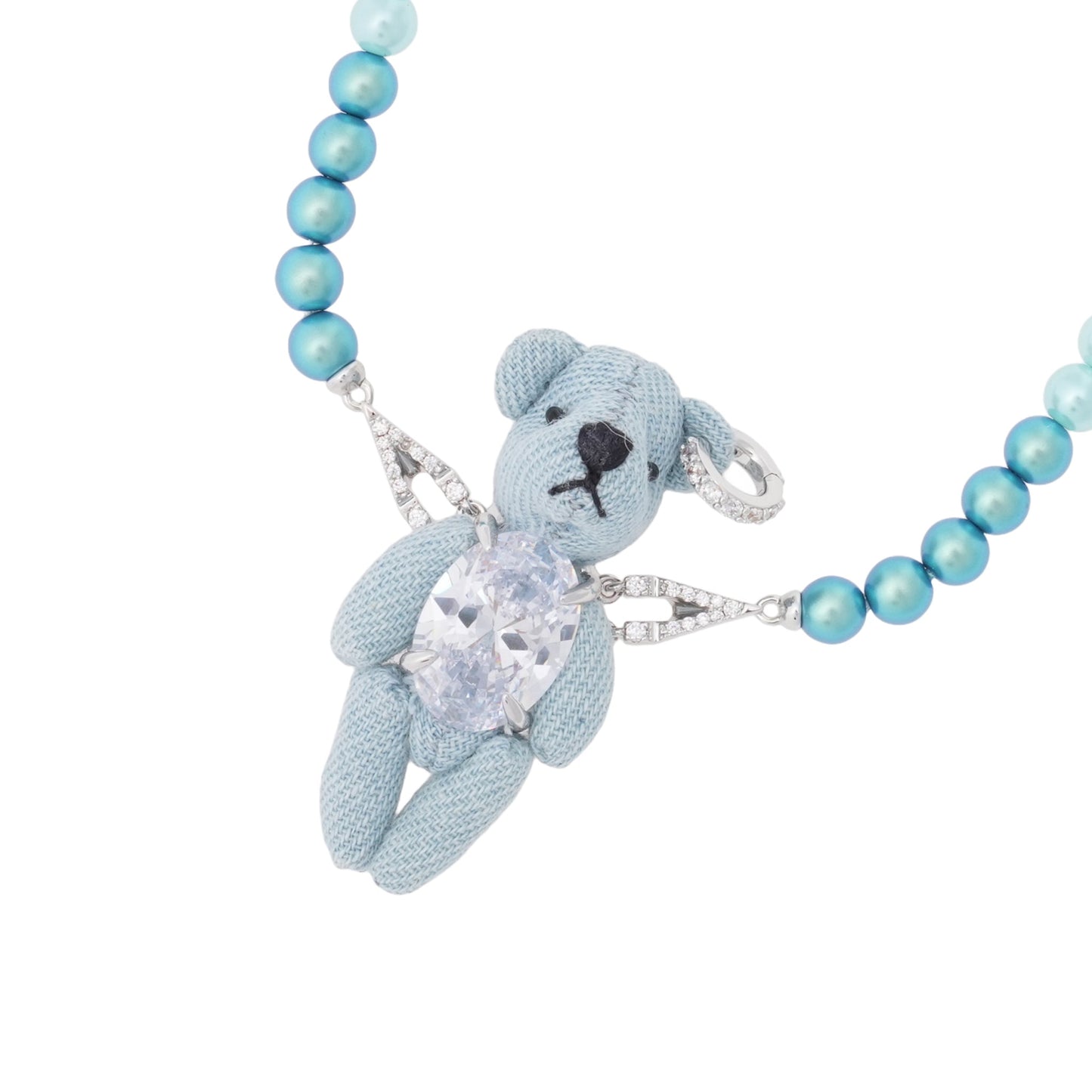 ROUND GEMSTONE BEAR GRADIENT PEARL NECKLACE / SILVER